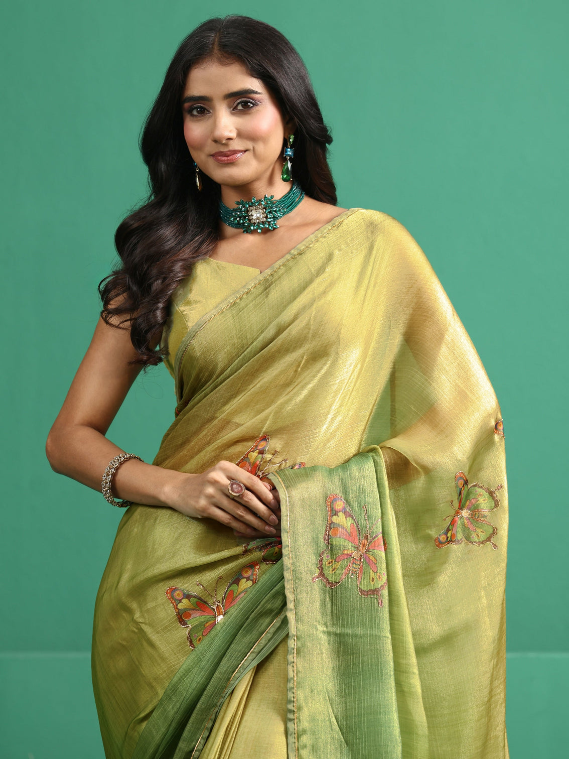 Mameraa Fern Green Butterfly Print Chiffon Saree