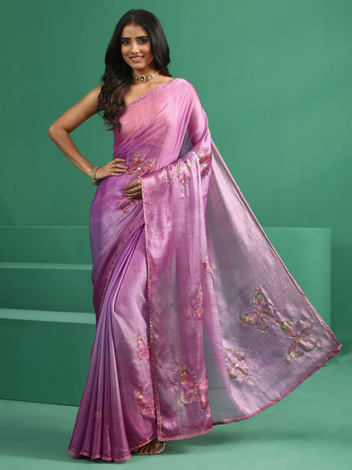Mameraa Light Purple Butterfly Print Chiffon Saree