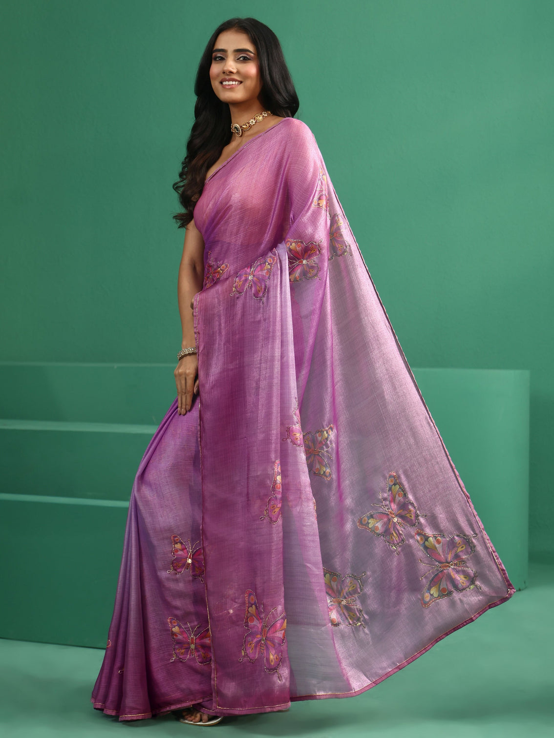 Mameraa Light Purple Butterfly Print Chiffon Saree