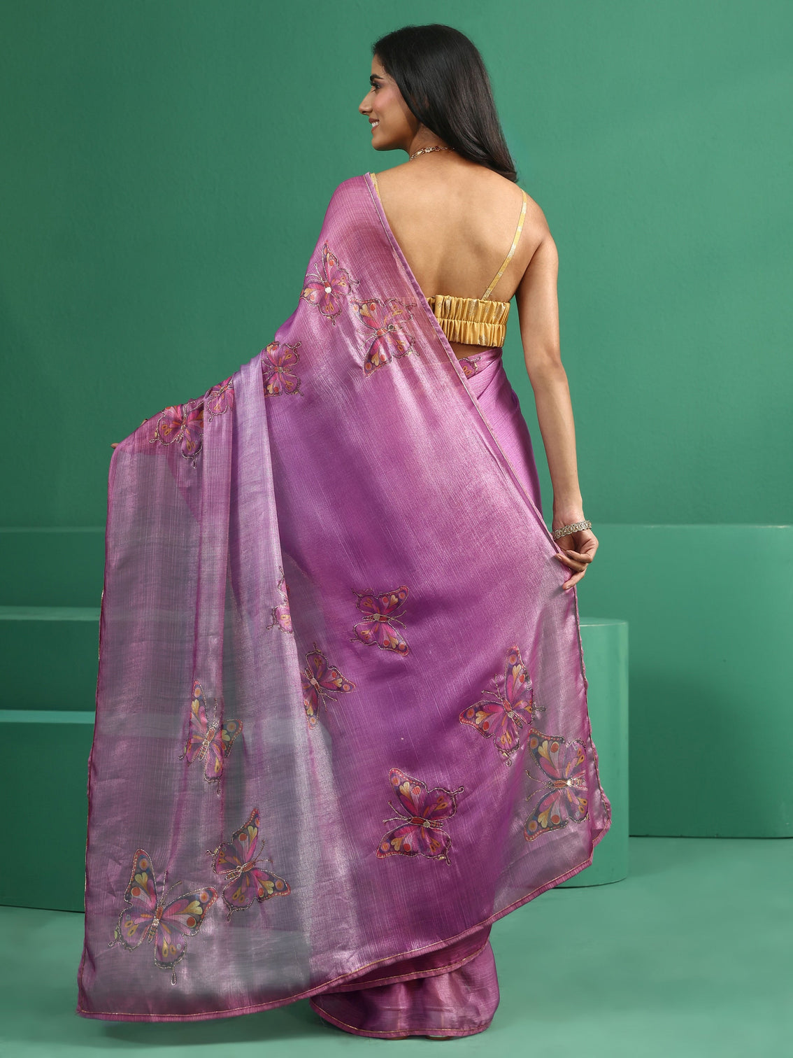 Mameraa Light Purple Butterfly Print Chiffon Saree
