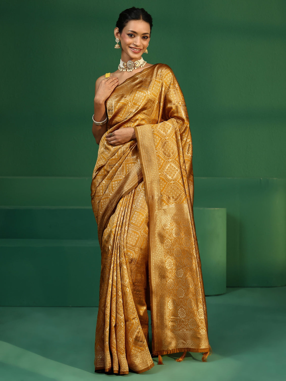 Mameraa Golden Mustard Brocade Saree