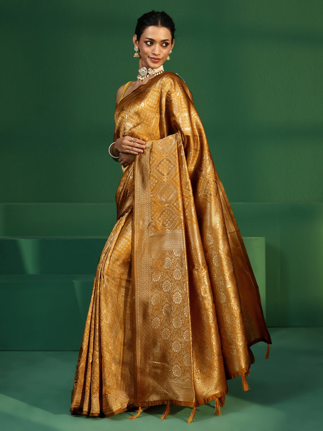 Mameraa Golden Mustard Brocade Saree