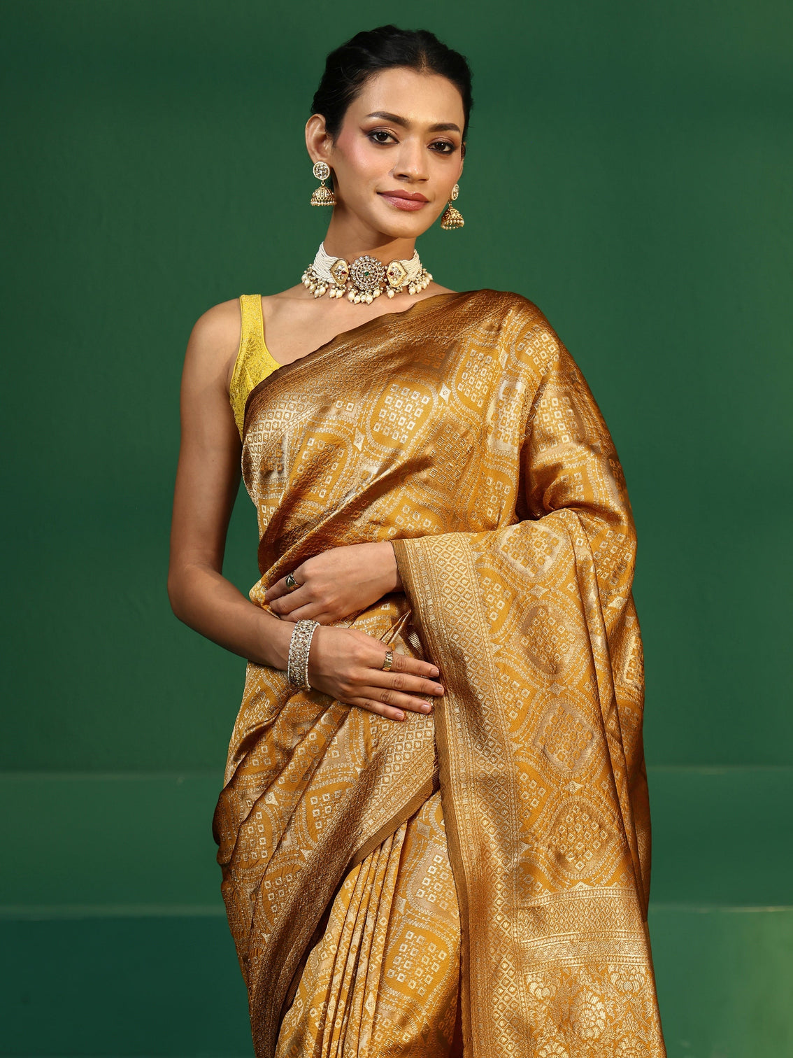 Mameraa Golden Mustard Brocade Saree
