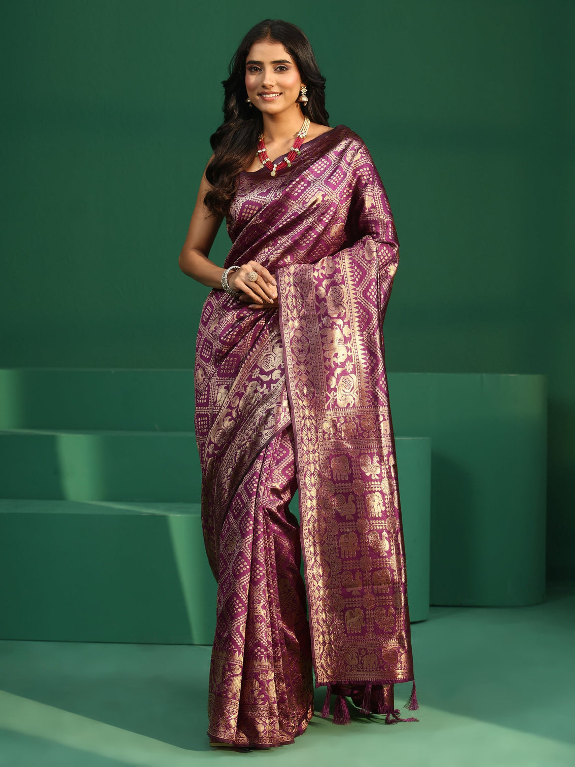 Mameraa Rose Pink Brocade Saree with Elephant Motifs