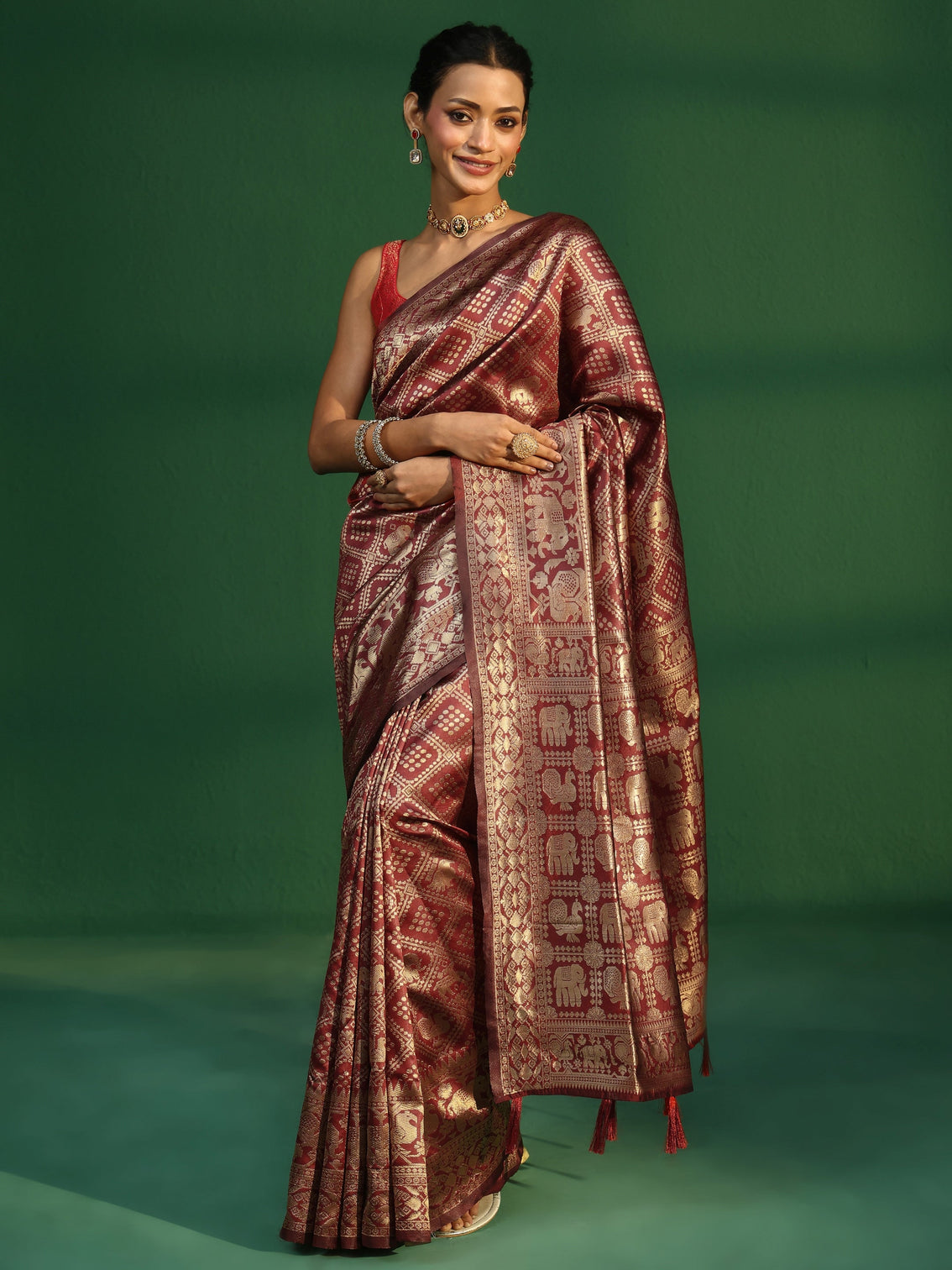 Mameraa Cardinal Red Brocade Saree with Elephant Motifs
