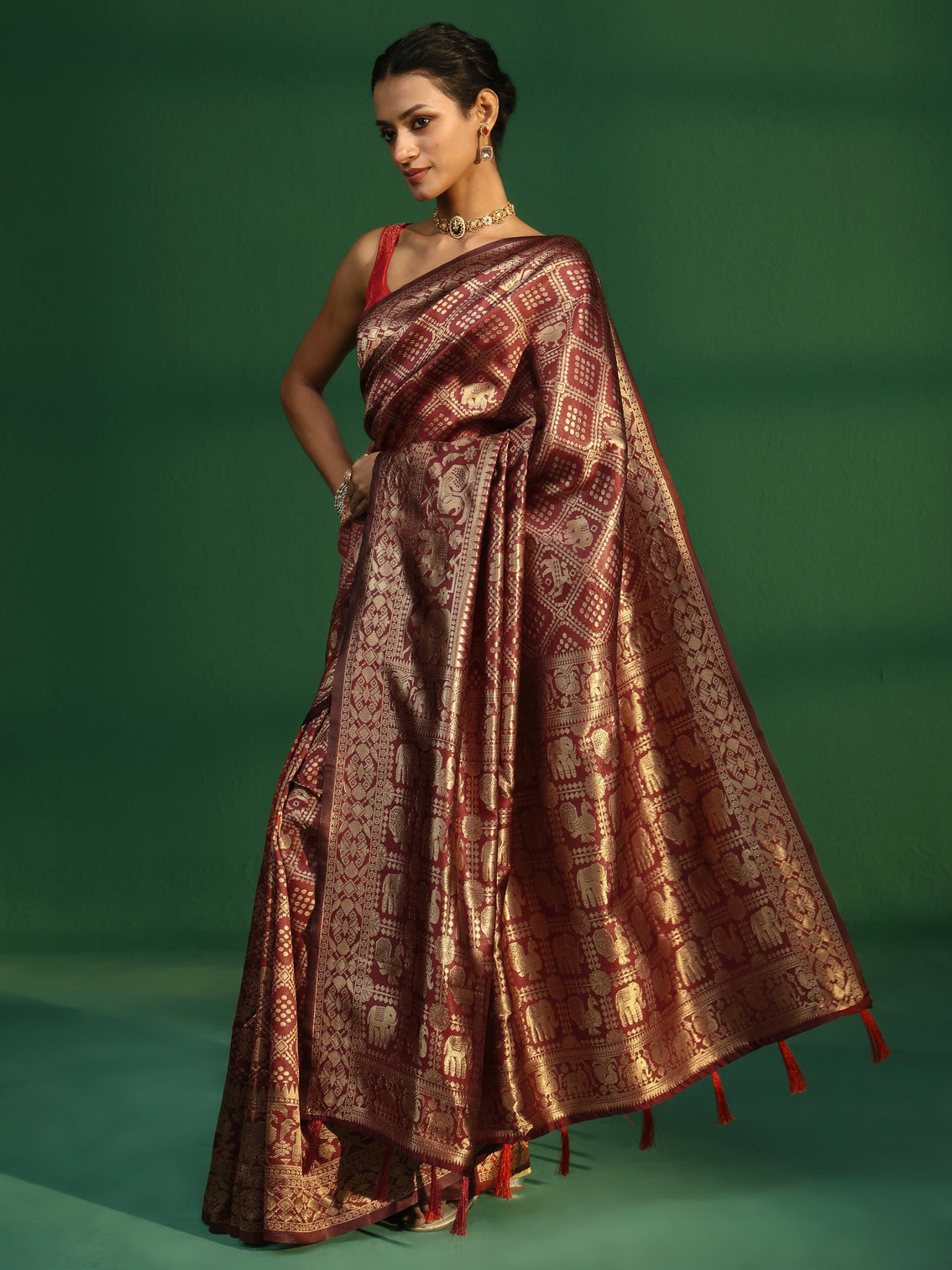 Mameraa Cardinal Red Brocade Saree with Elephant Motifs