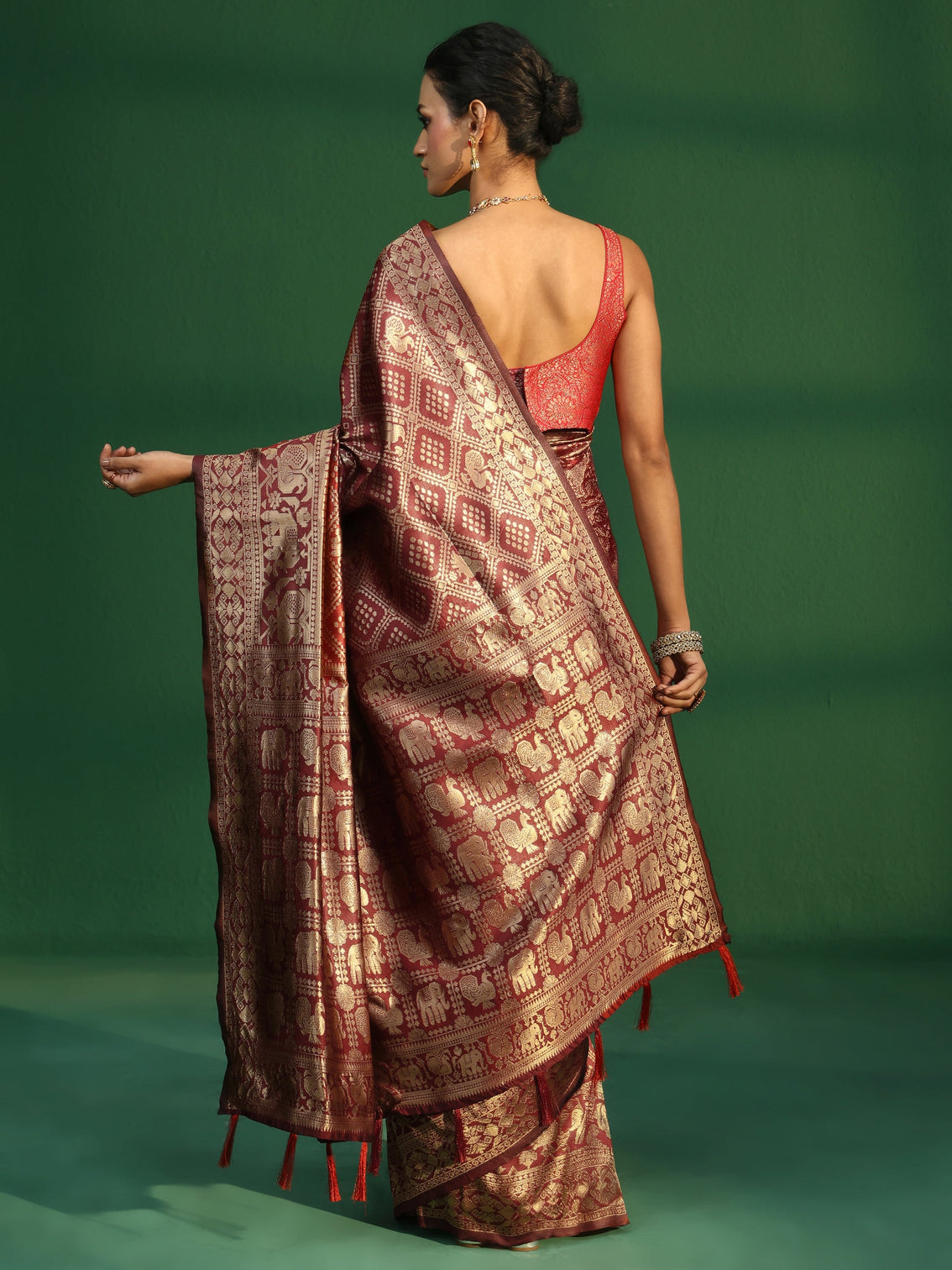 Mameraa Cardinal Red Brocade Saree with Elephant Motifs
