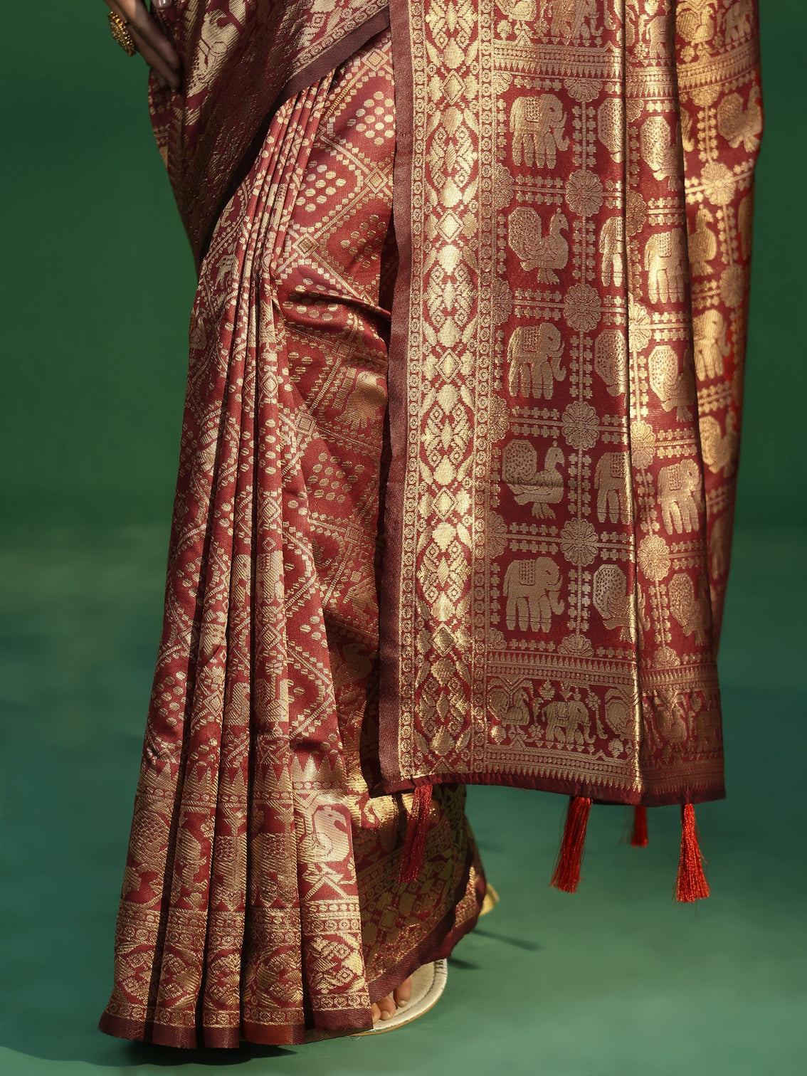 Mameraa Cardinal Red Brocade Saree with Elephant Motifs
