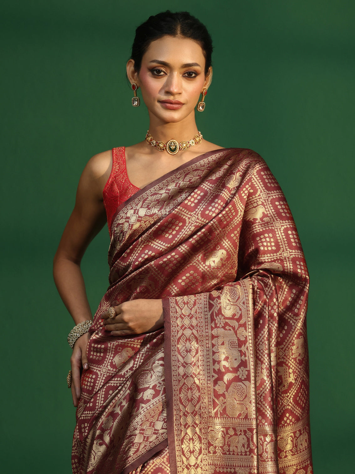 Mameraa Cardinal Red Brocade Saree with Elephant Motifs