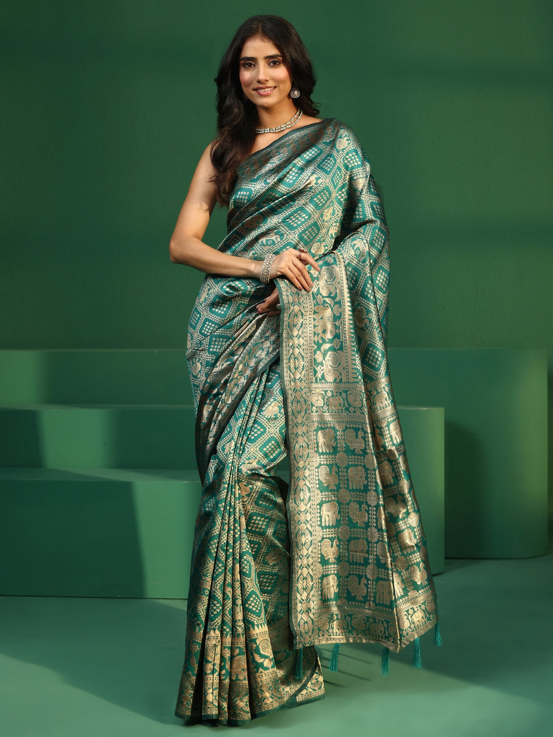 Mameraa Teal Green Brocade Saree with Elephant Motifs