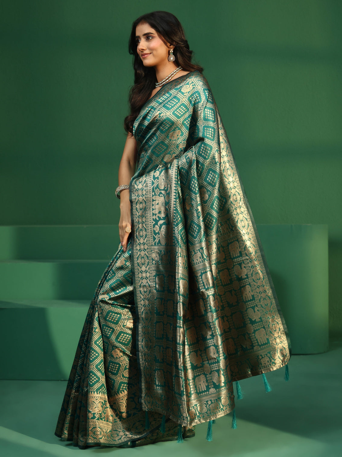 Mameraa Teal Green Brocade Saree with Elephant Motifs