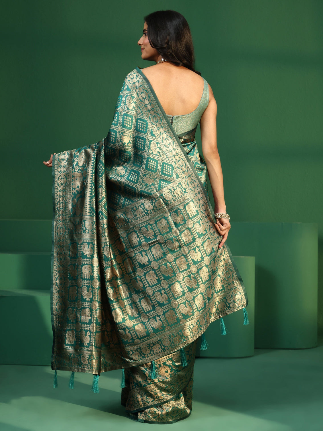 Mameraa Teal Green Brocade Saree with Elephant Motifs
