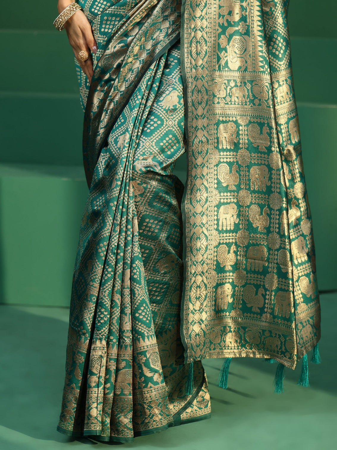 Mameraa Teal Green Brocade Saree with Elephant Motifs