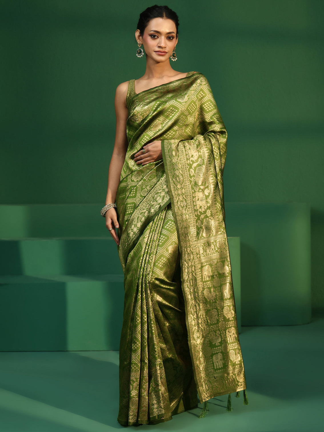 Mameraa Leaf Green Brocade Saree with Elephant Motifs