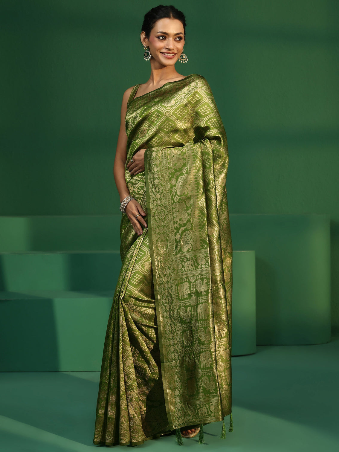 Mameraa Leaf Green Brocade Saree with Elephant Motifs