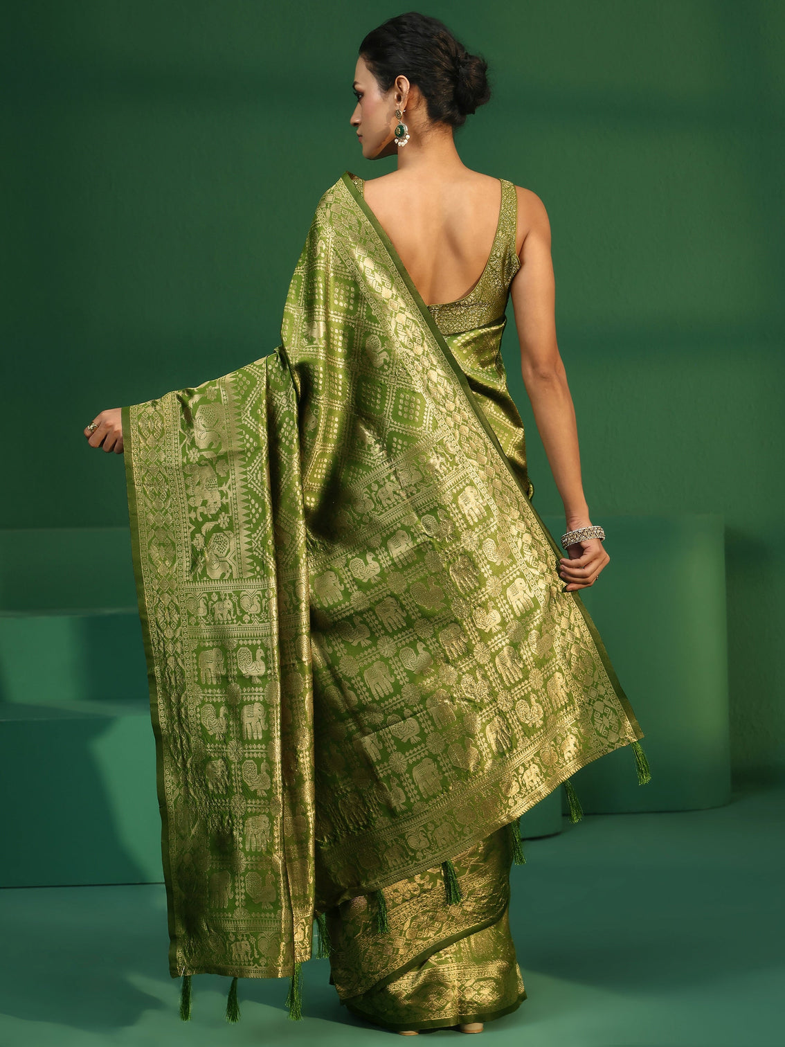 Mameraa Leaf Green Brocade Saree with Elephant Motifs