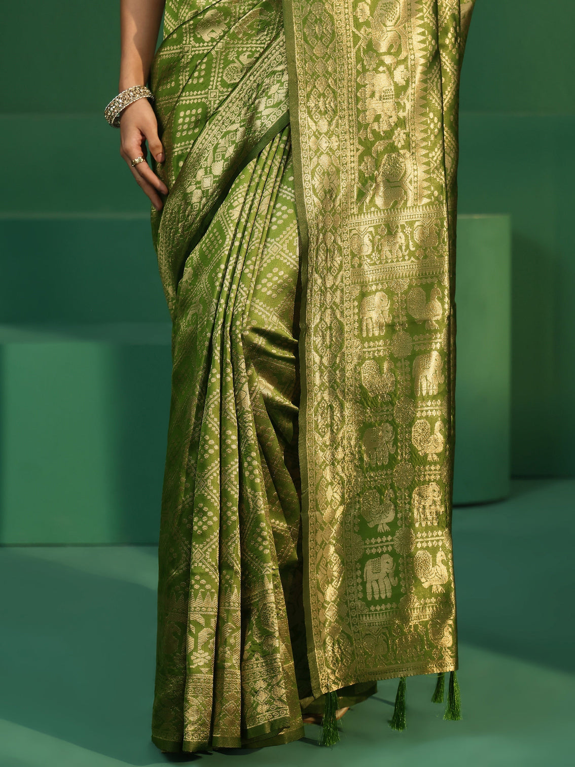 Mameraa Leaf Green Brocade Saree with Elephant Motifs