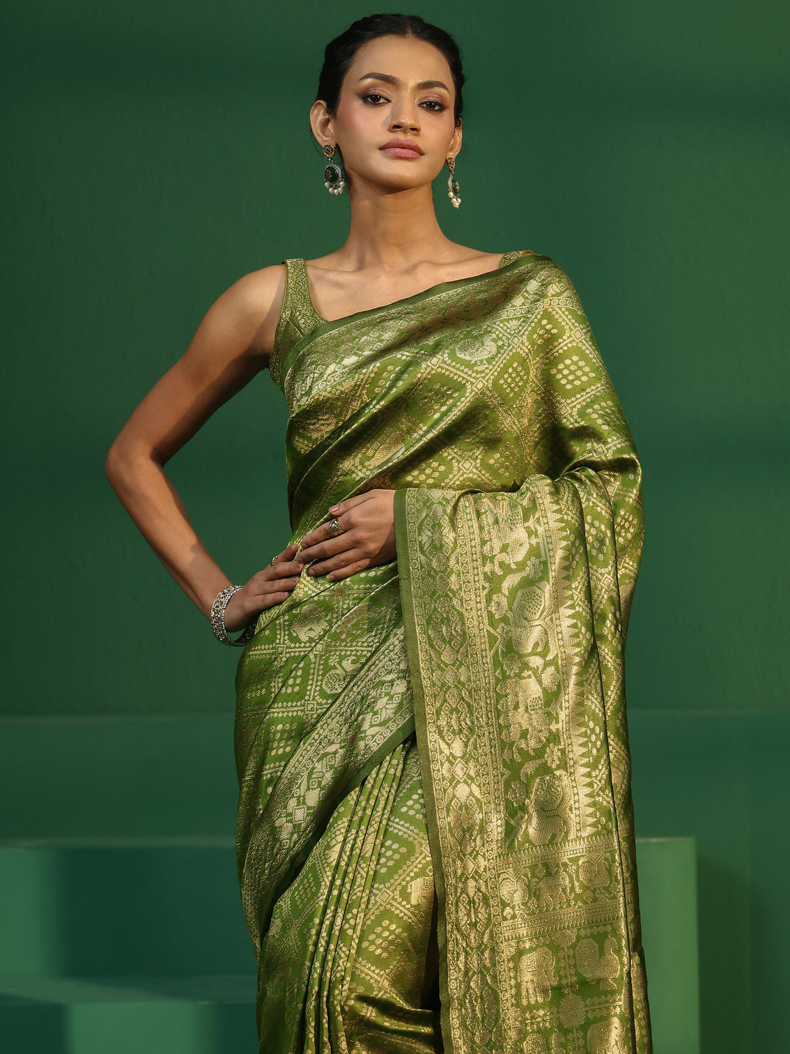 Mameraa Leaf Green Brocade Saree with Elephant Motifs