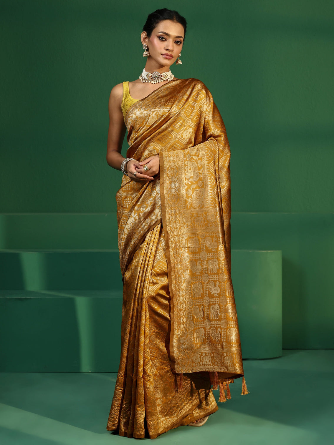 Mameraa Mustard Brocade Saree with Elephant Motifs