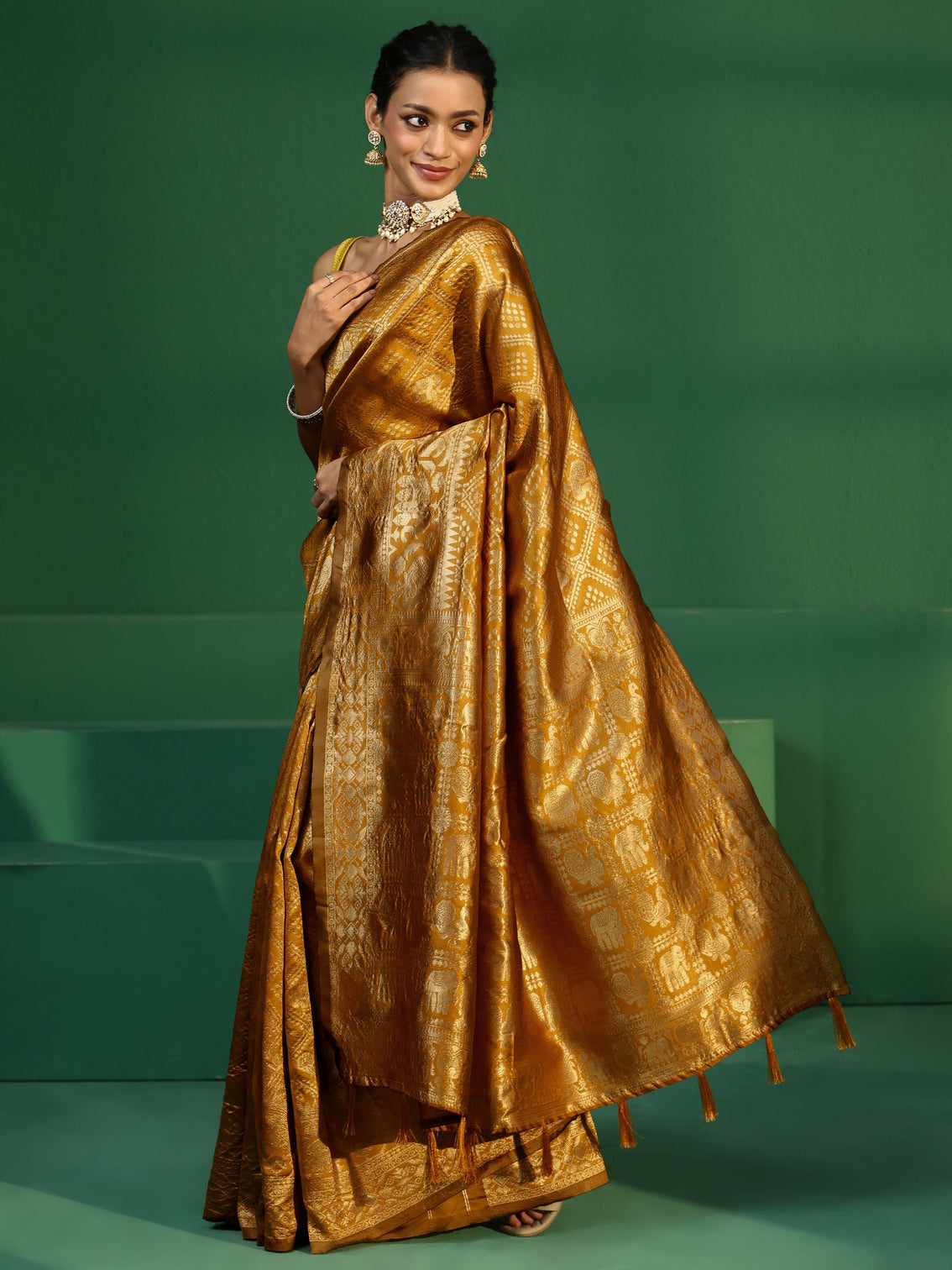 Mameraa Mustard Brocade Saree with Elephant Motifs