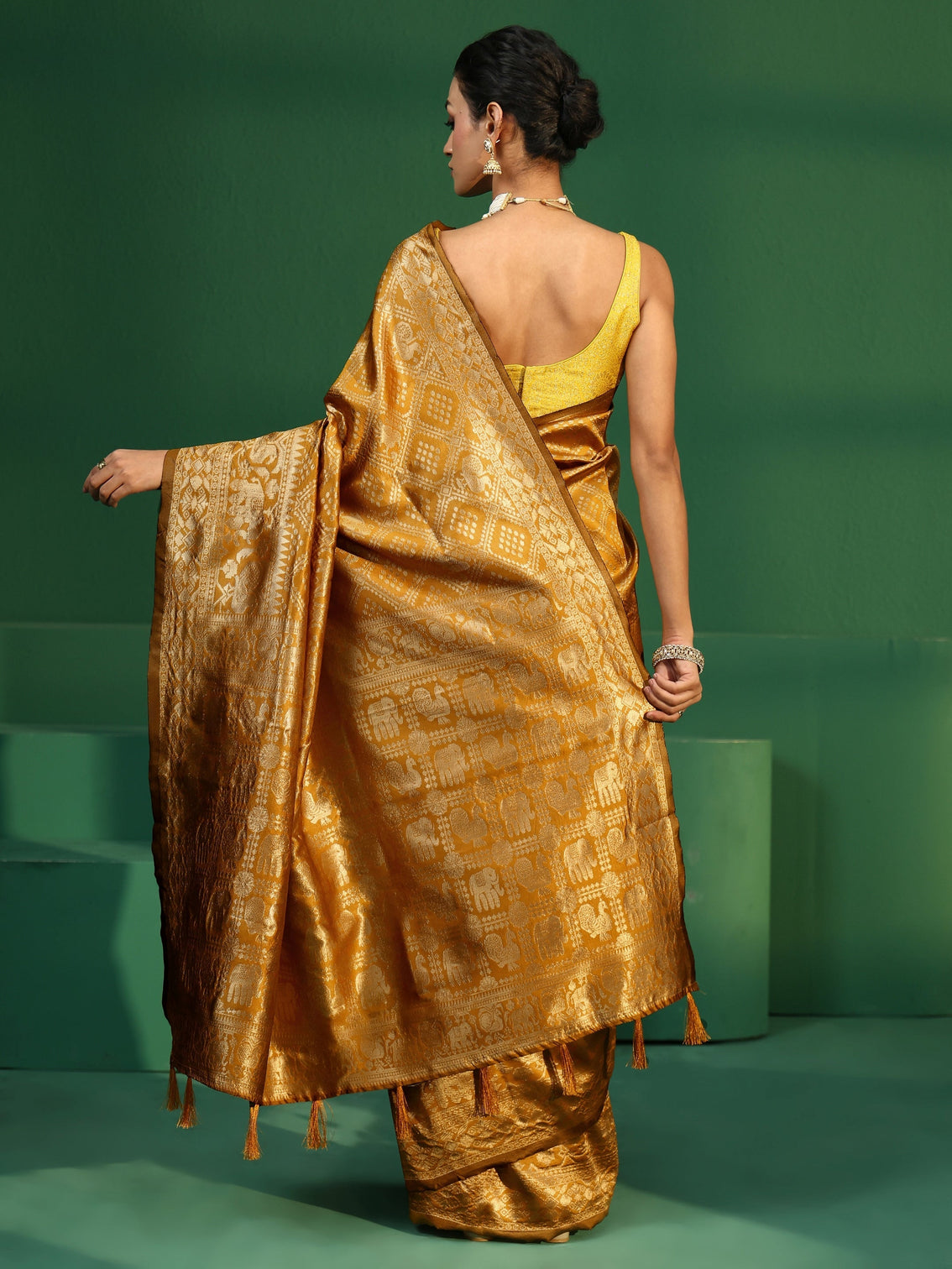 Mameraa Mustard Brocade Saree with Elephant Motifs