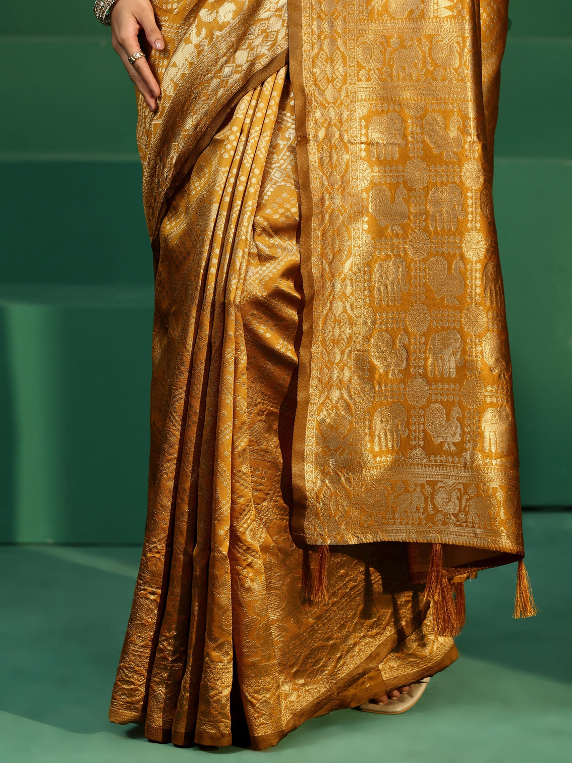 Mameraa Mustard Brocade Saree with Elephant Motifs