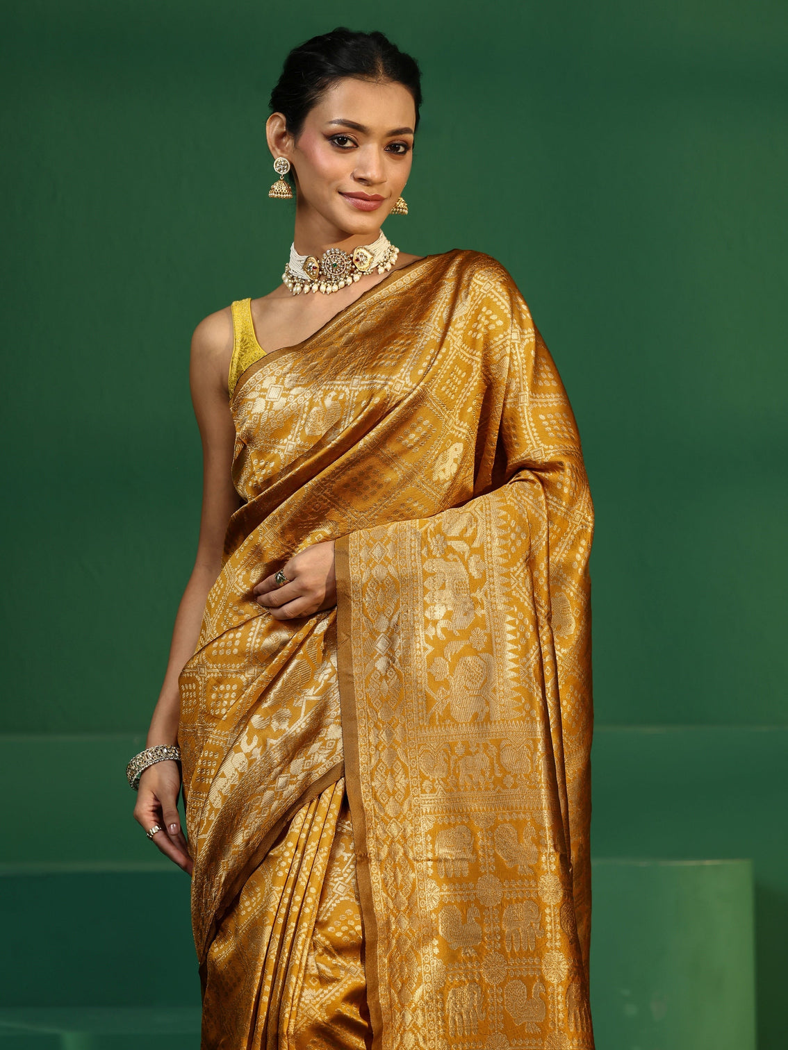 Mameraa Mustard Brocade Saree with Elephant Motifs
