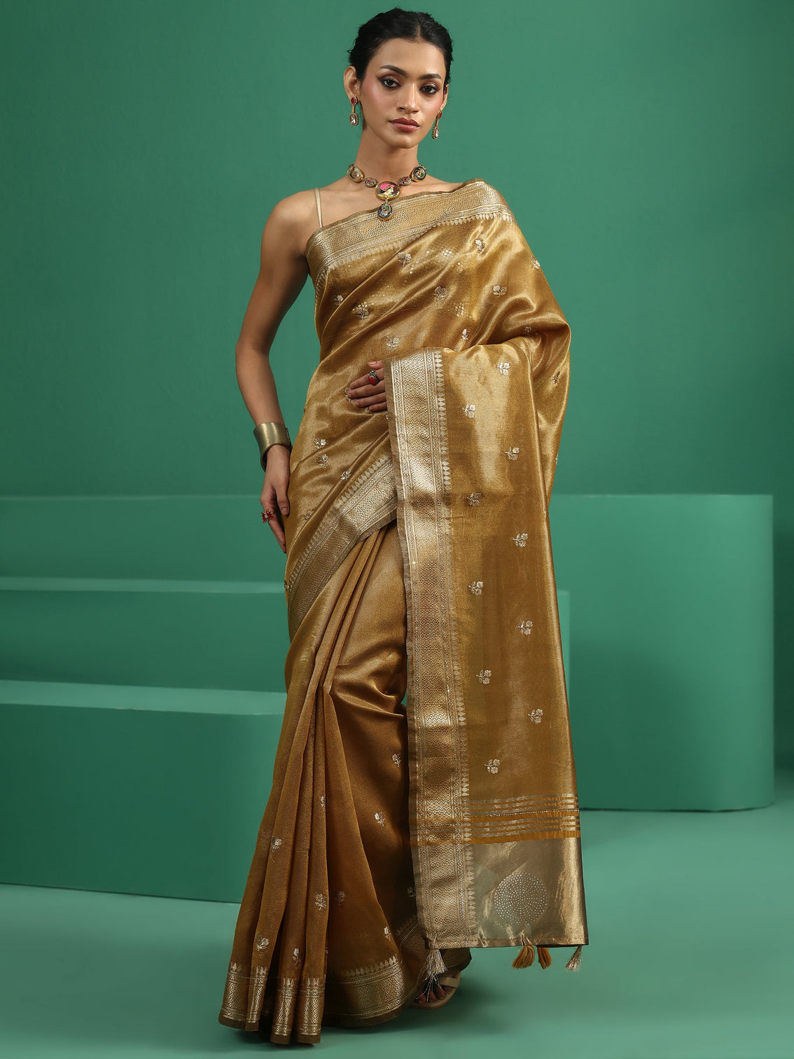 Mameraa Mustard Floral Embroidered Tissue Saree