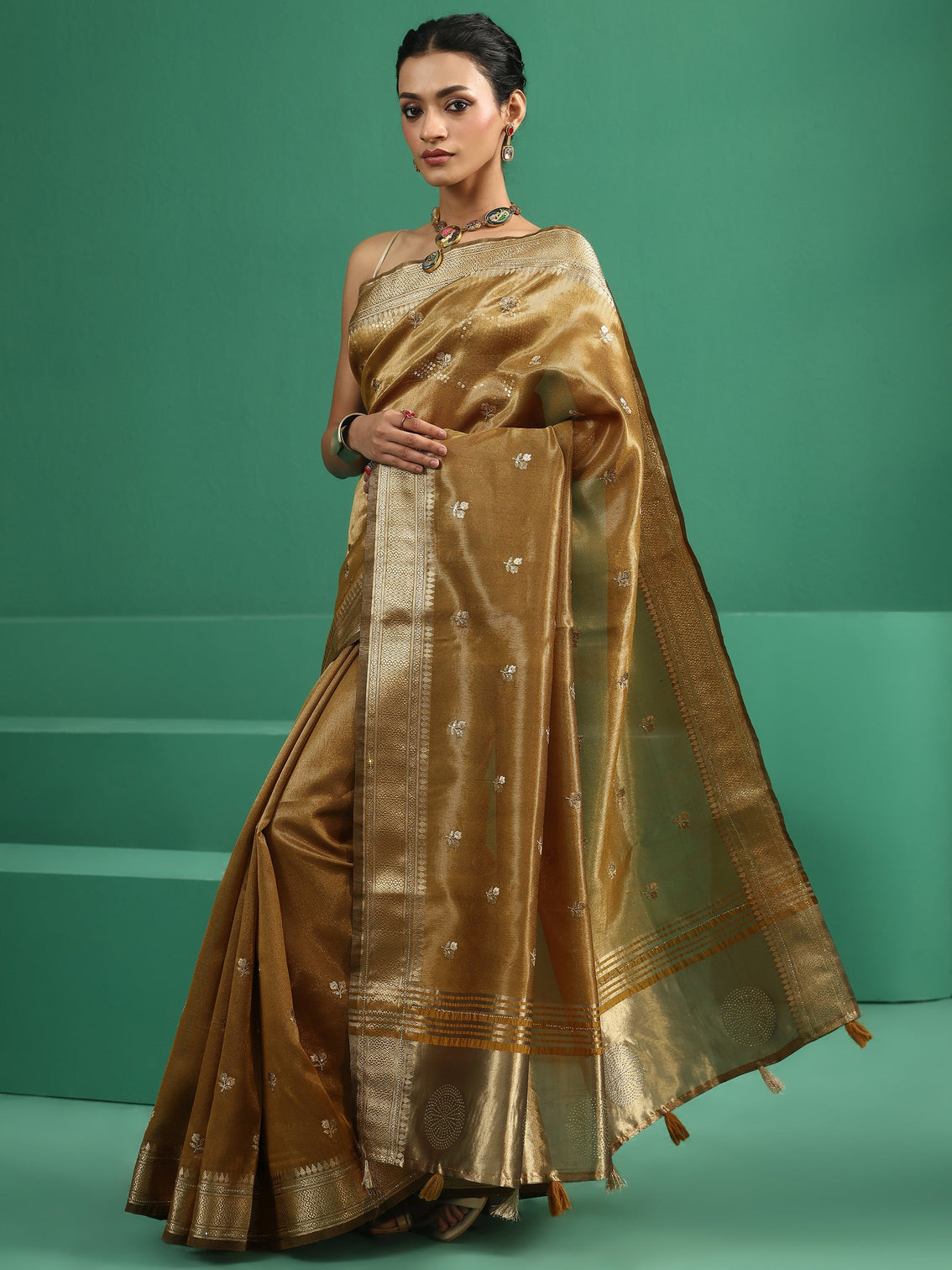 Mameraa Mustard Floral Embroidered Tissue Saree