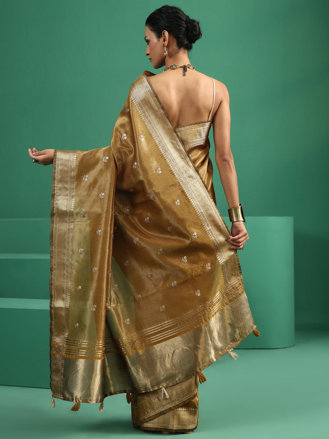 Mameraa Mustard Floral Embroidered Tissue Saree
