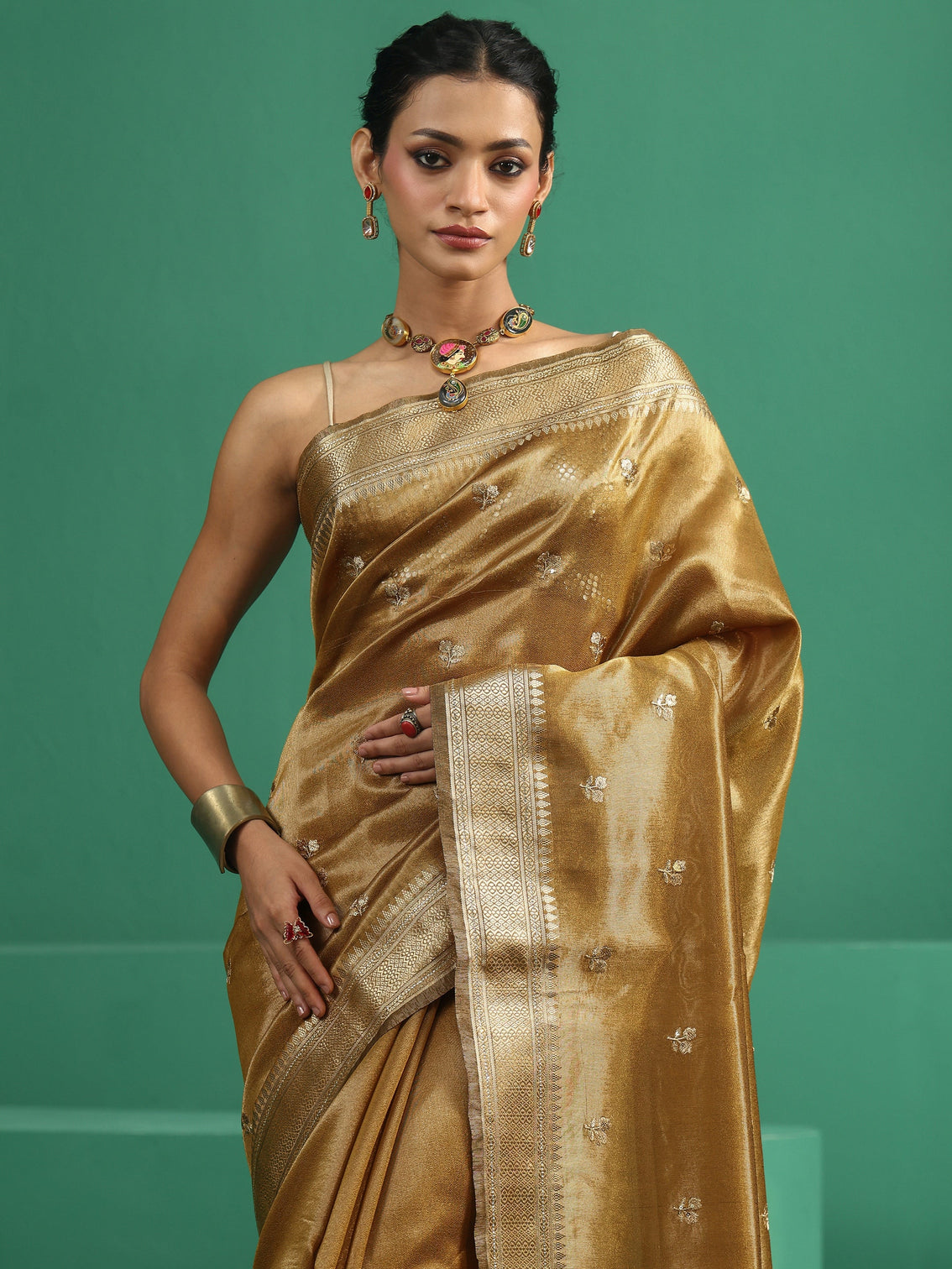 Mameraa Mustard Floral Embroidered Tissue Saree