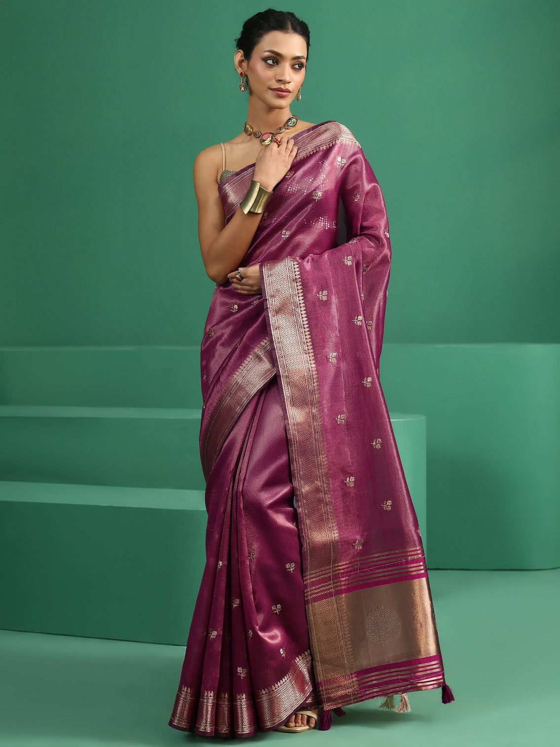Mameraa Rose Pink Floral Embroidered Tissue Saree
