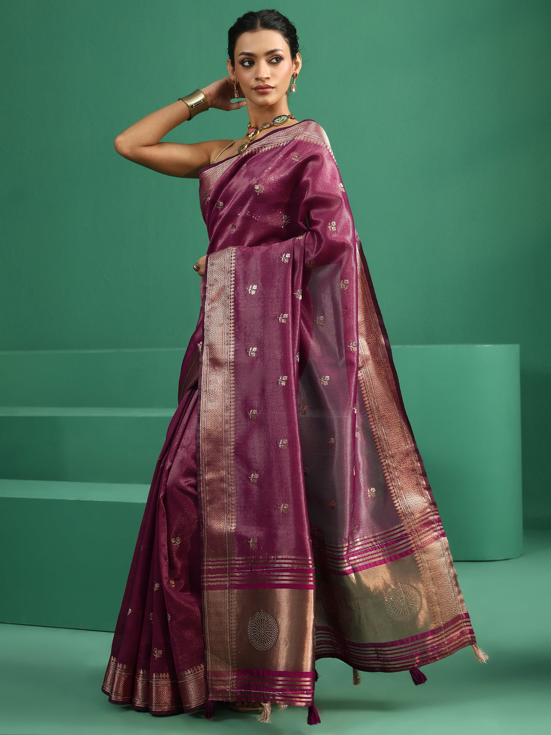 Mameraa Rose Pink Floral Embroidered Tissue Saree