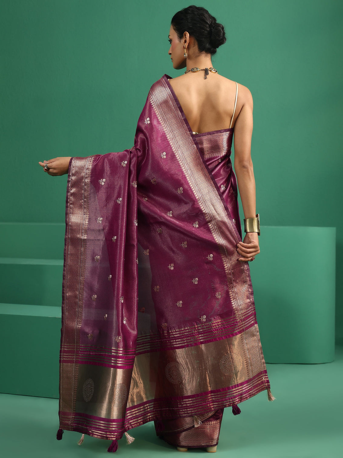 Mameraa Rose Pink Floral Embroidered Tissue Saree