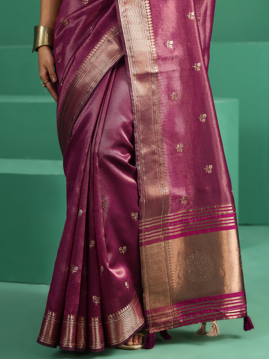 Mameraa Rose Pink Floral Embroidered Tissue Saree