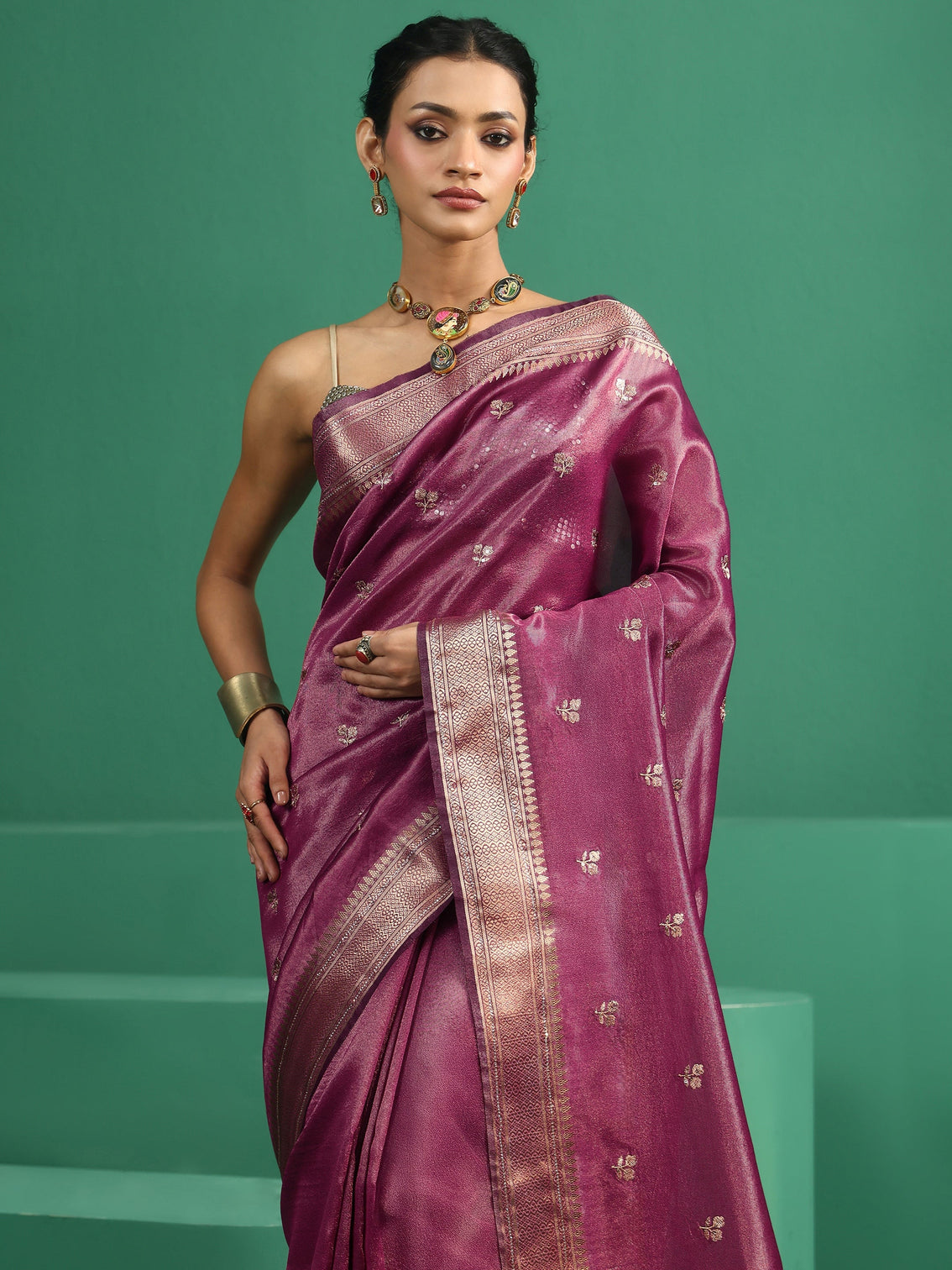 Mameraa Rose Pink Floral Embroidered Tissue Saree