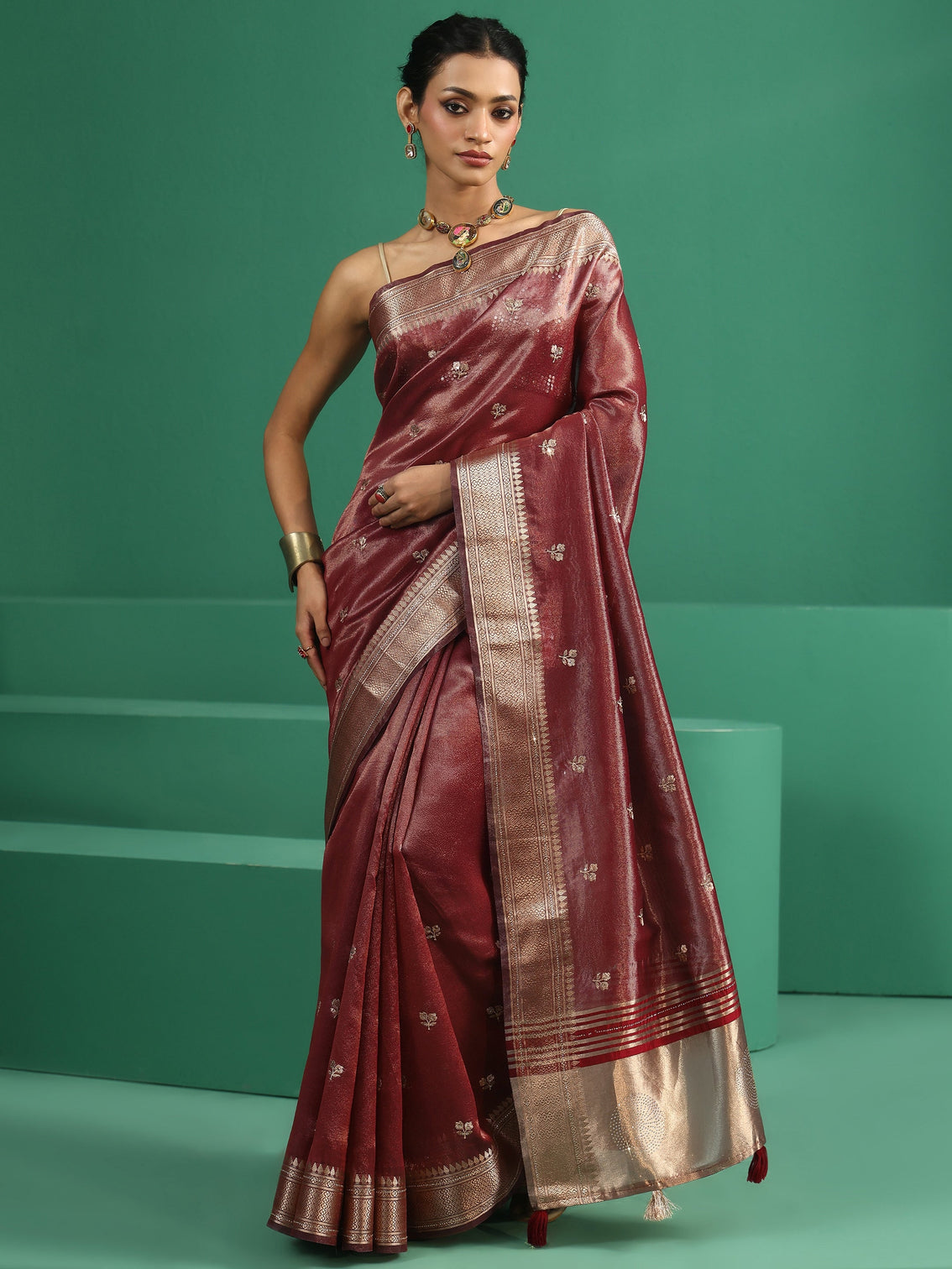 Mameraa Maroon Floral Embroidered Tissue Saree