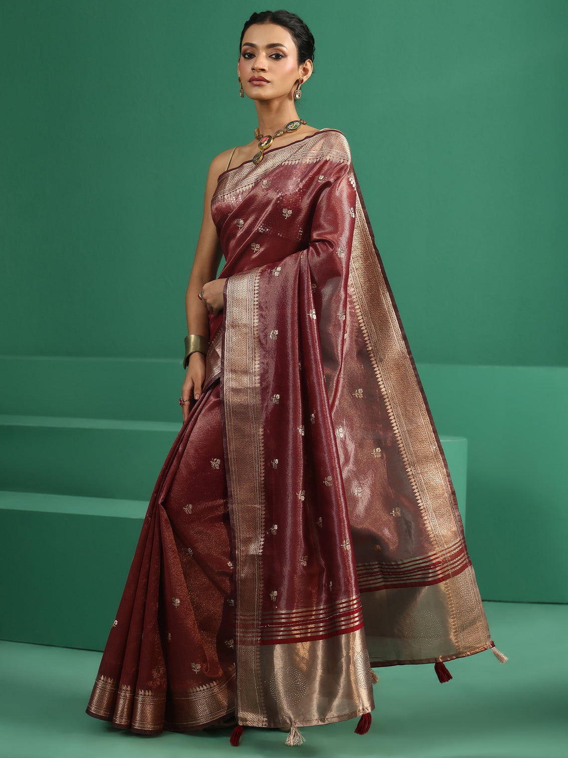 Mameraa Maroon Floral Embroidered Tissue Saree