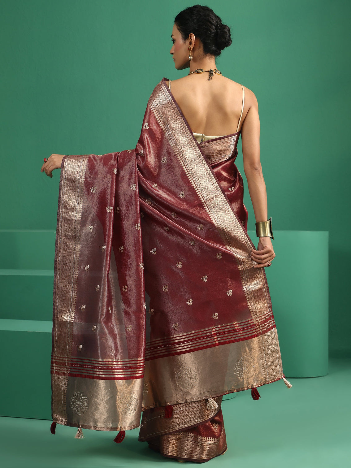 Mameraa Maroon Floral Embroidered Tissue Saree