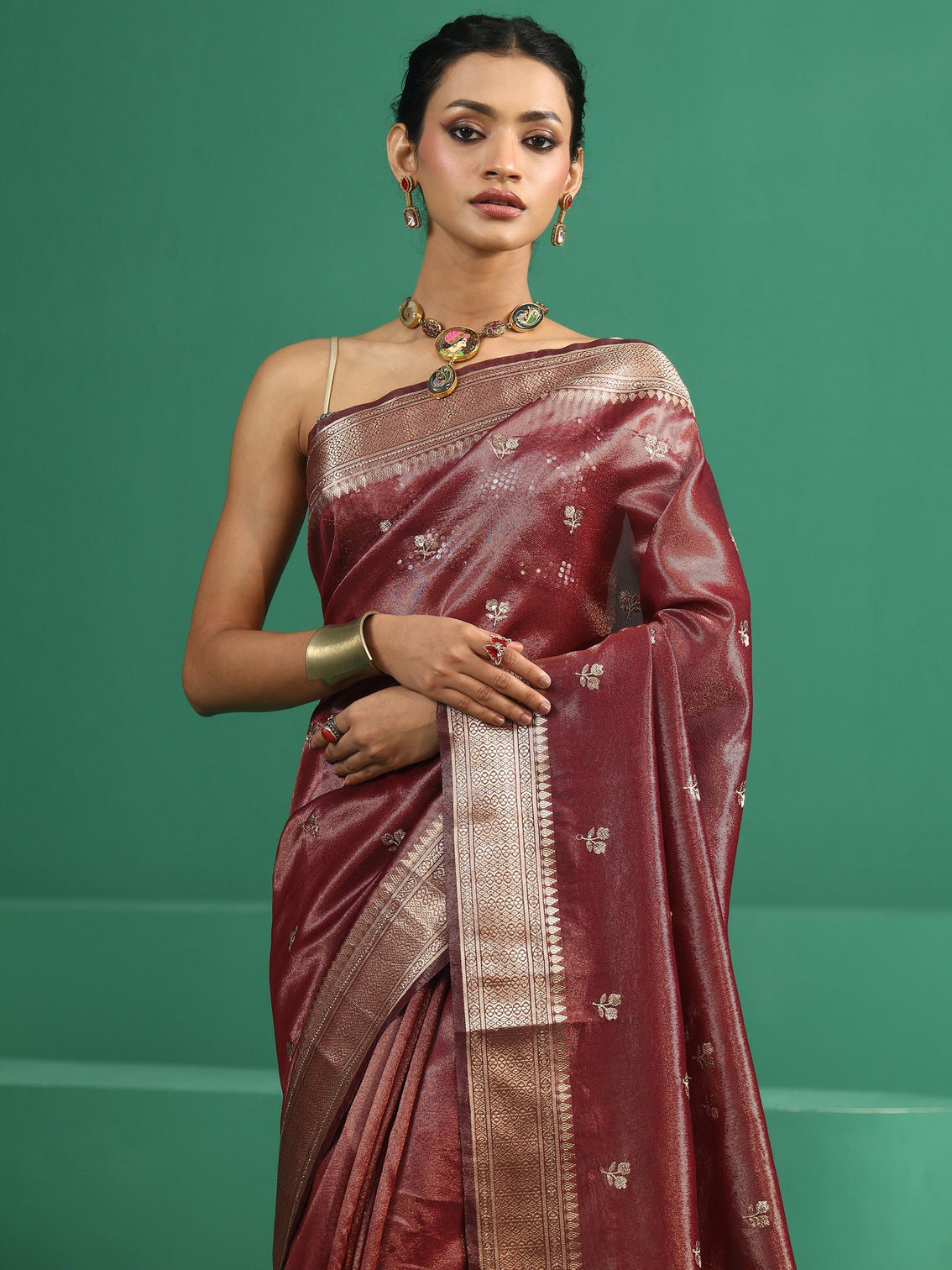 Mameraa Maroon Floral Embroidered Tissue Saree