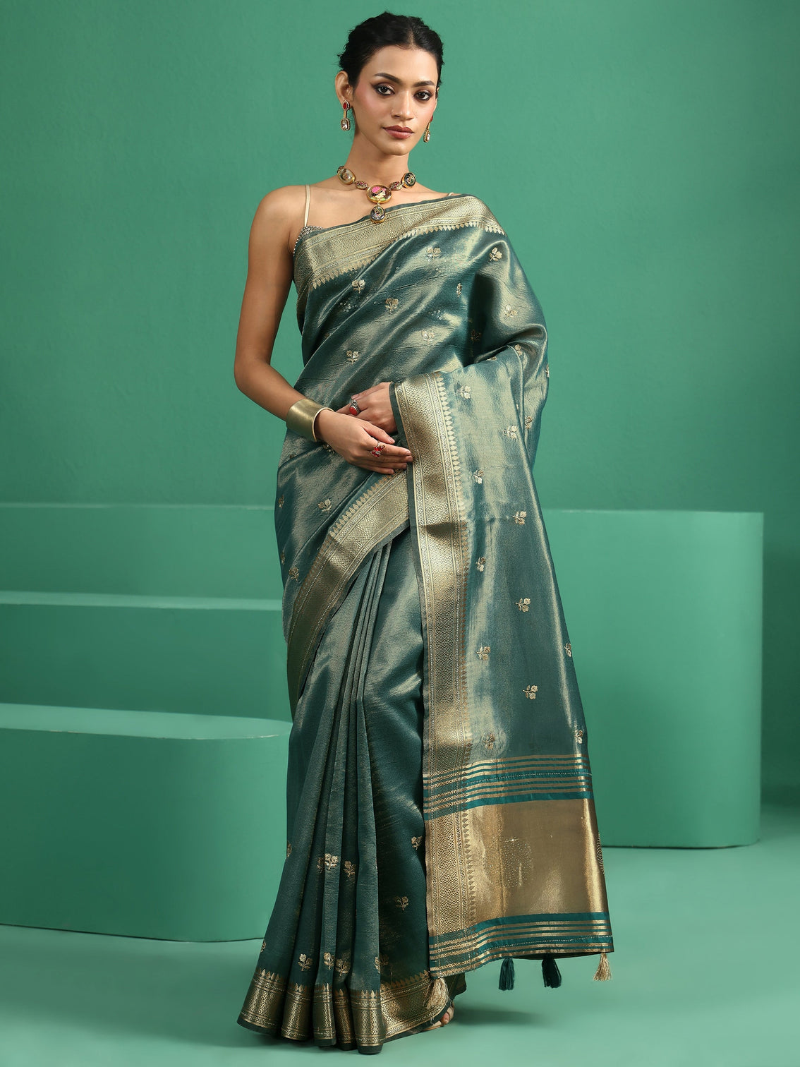 Mameraa Forest Green Floral Embroidered Tissue Saree