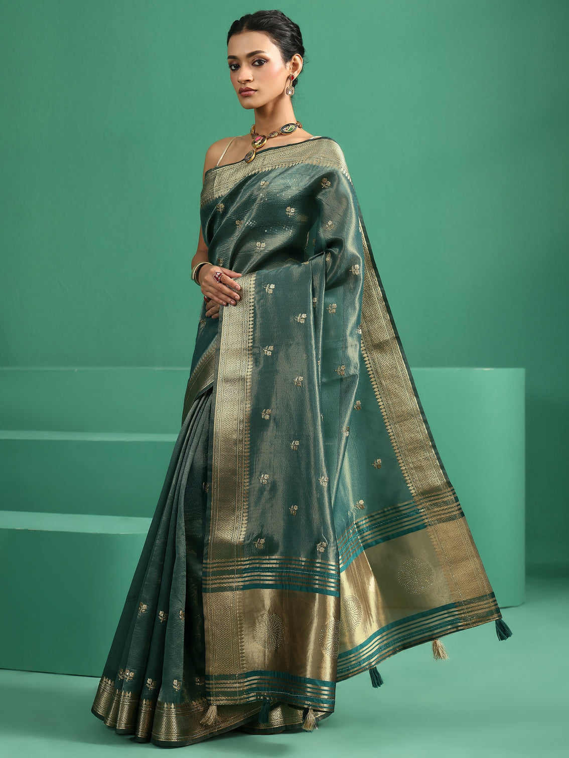 Mameraa Forest Green Floral Embroidered Tissue Saree