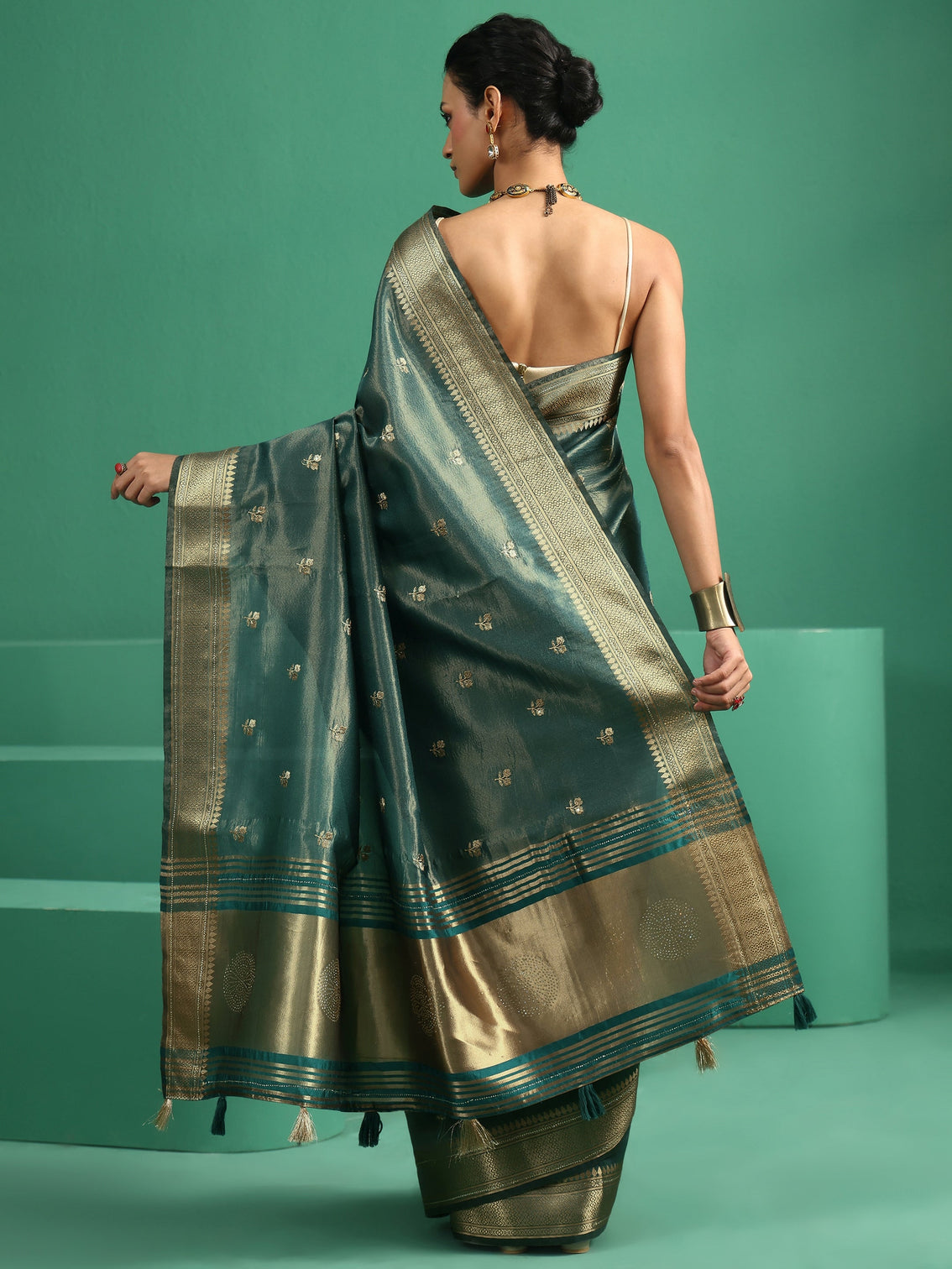 Mameraa Forest Green Floral Embroidered Tissue Saree