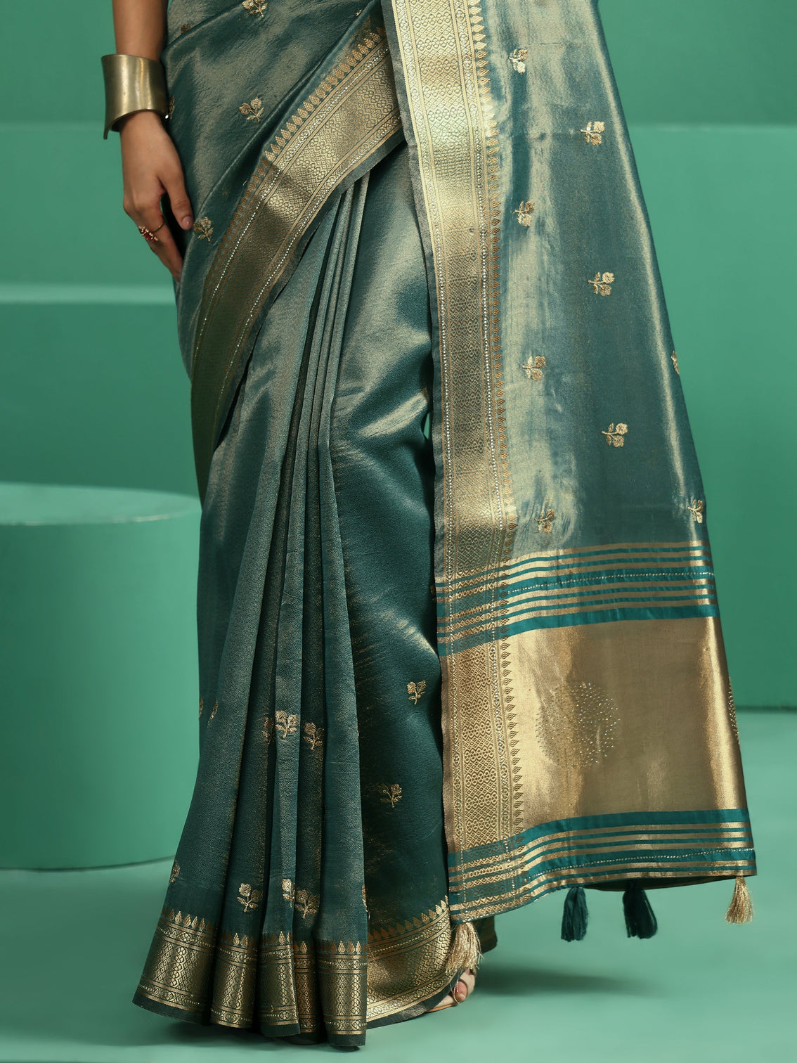 Mameraa Forest Green Floral Embroidered Tissue Saree