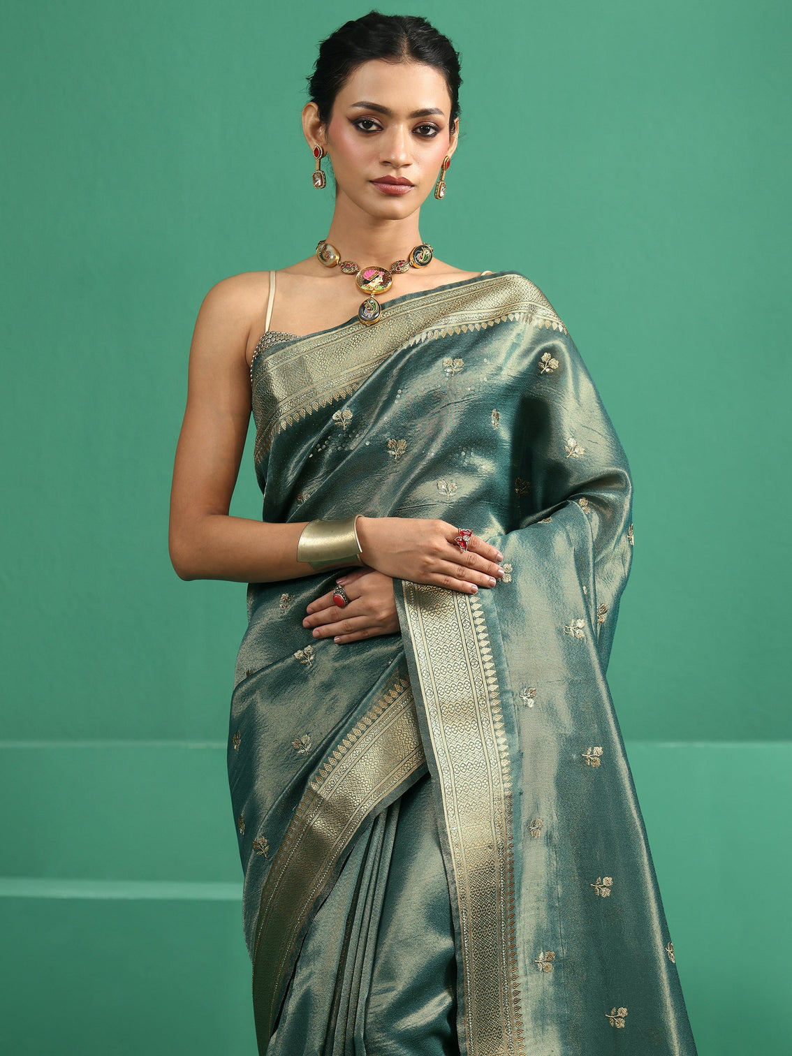 Mameraa Forest Green Floral Embroidered Tissue Saree
