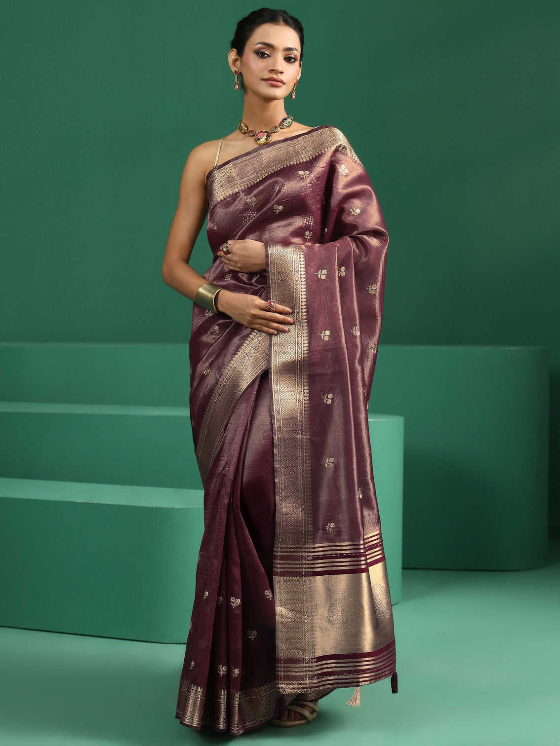 Mameraa Wine Purple Floral Embroidered Tissue Saree