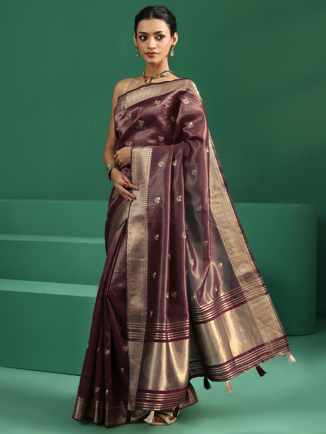 Mameraa Wine Purple Floral Embroidered Tissue Saree