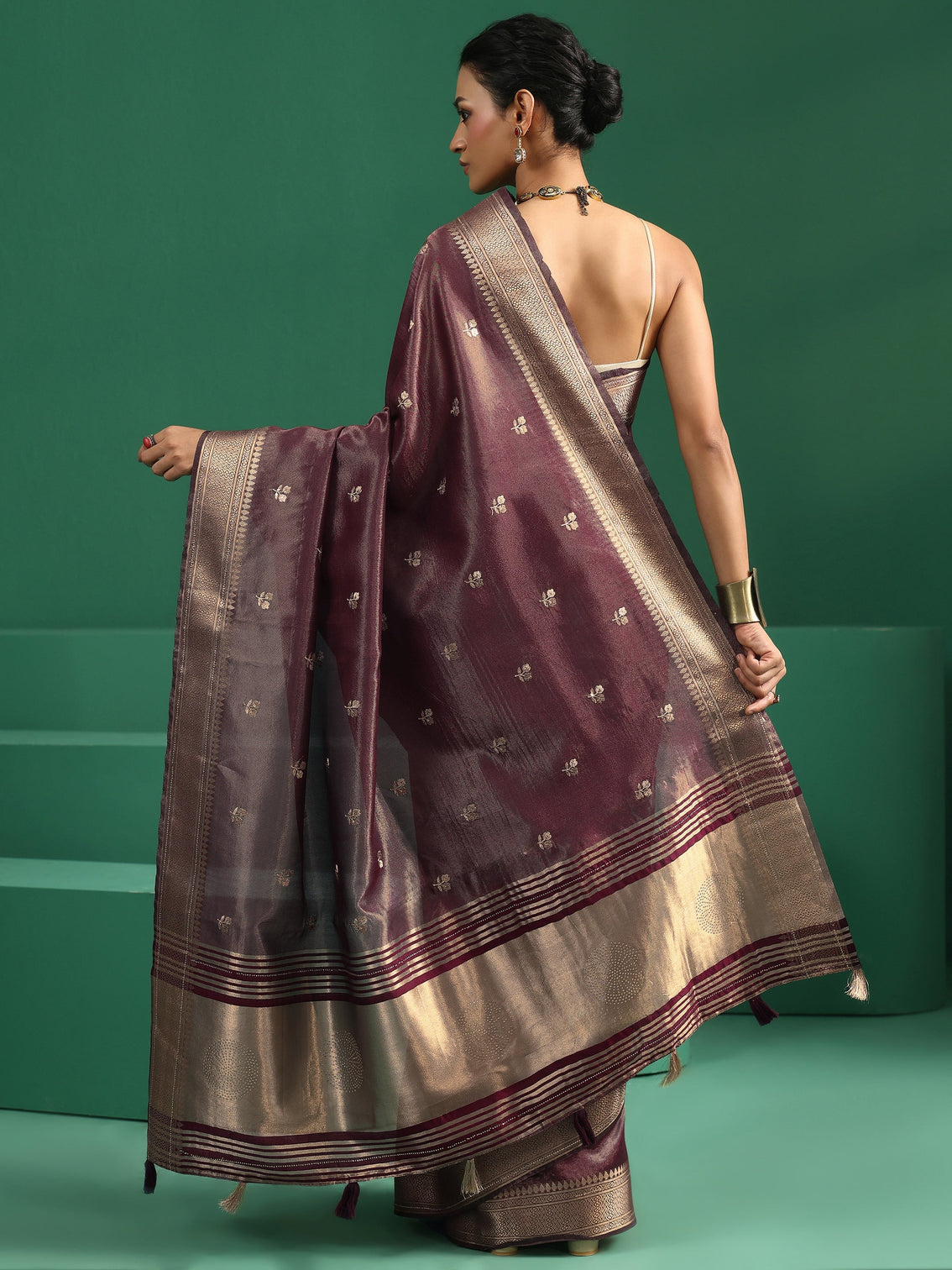 Mameraa Wine Purple Floral Embroidered Tissue Saree