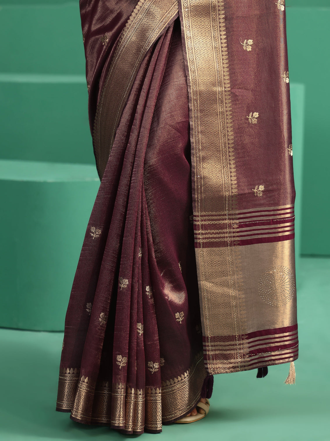 Mameraa Wine Purple Floral Embroidered Tissue Saree