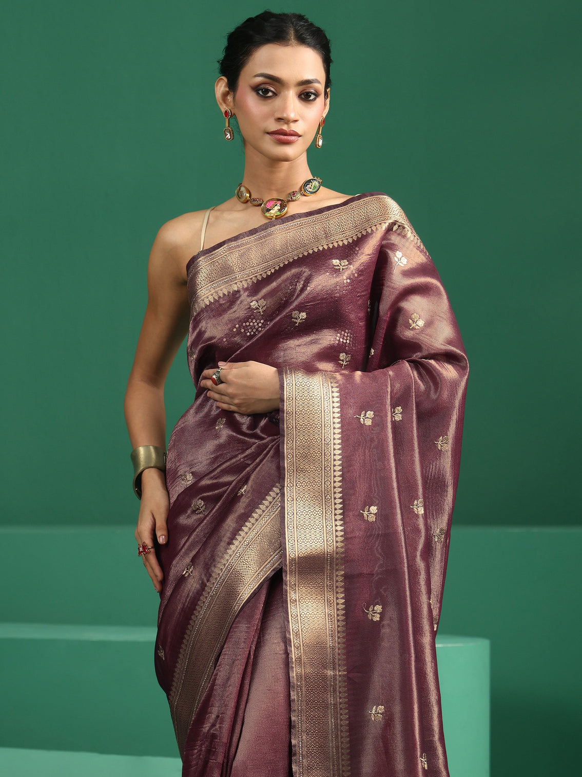 Mameraa Wine Purple Floral Embroidered Tissue Saree